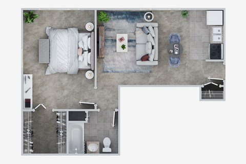 Floor plan for 1 bed, 1 bath, 600 sqft